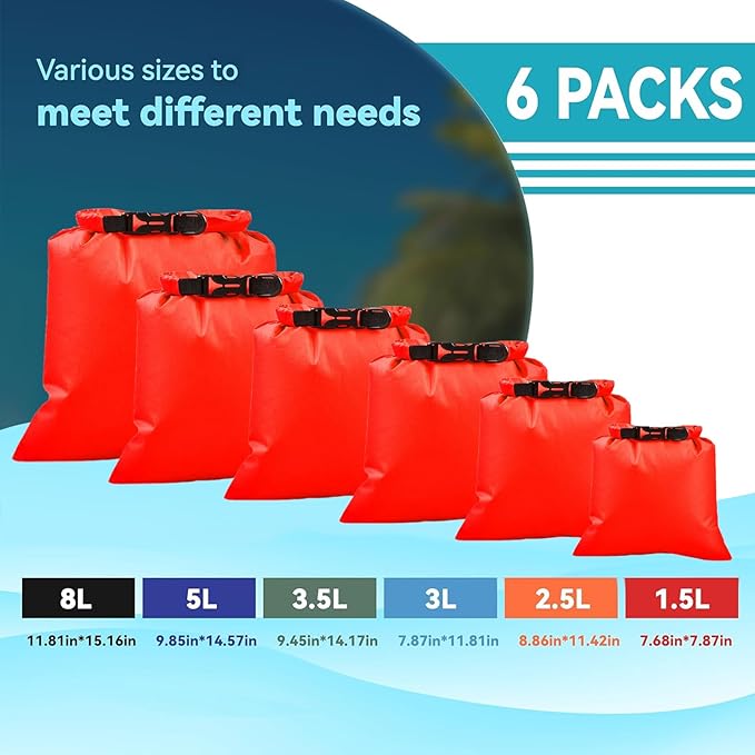 6PCS Dry Bags Waterproof, Lightweight Dry Bags for Kayaking Waterproof，Outdoor Waterproof Bag for Kayaking Hiking Boating Camping