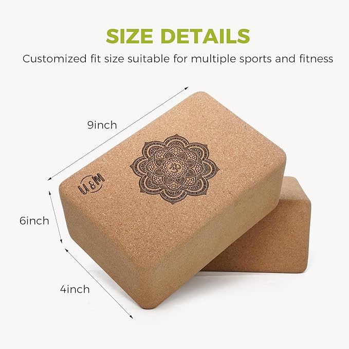 U&M Cork Yoga Blocks 2 Pack Set,Natural Cork High Density 9"x6"x4" Yoga Blocks Odor-Resistant Non-Slip for Yoga, General Fitness, Pilates, Stretching and Toning