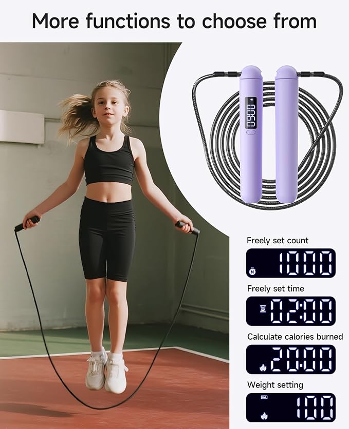 Smart Jump Rope – Customisable Calorie, Count and Time Settings Jump Ropes, Adjustable Steel Wire Skipping Rope with LED Display, for Men Women Fitness and Workout