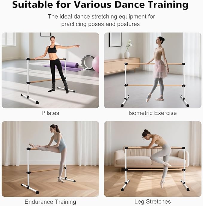 4FT/6FT Freestanding Ballet Barre Wood/Steel Height Adjustable from 7 to 46 inch Ballet Bar Portable Double Dance Bar for Home Workout and Stretch