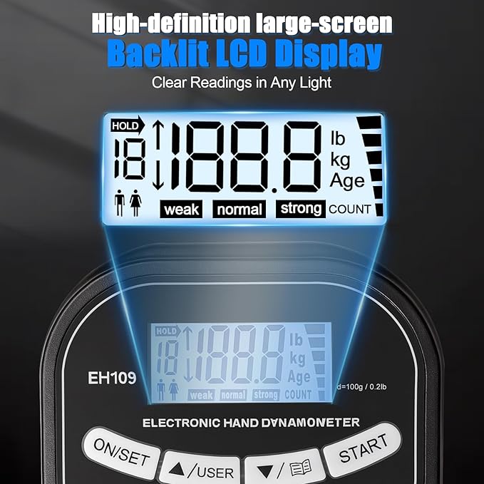 Grip Strength Tester 400 lbs/180 kg with Backlit LCD Display, Digital Hand Grip Dynamometer Records Up to 19 Users, Adjustable Grip Strength Trainer 11–220 lbs for Sports, Rehab, Home & School Use