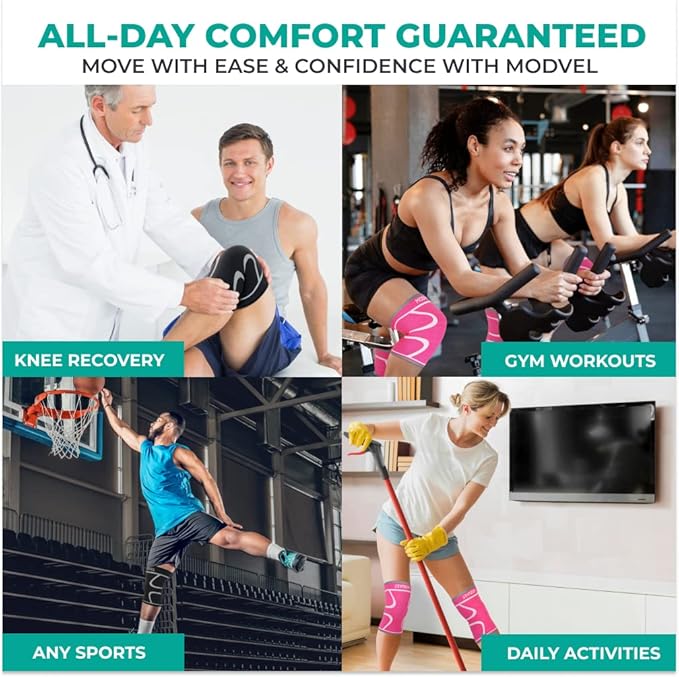 Modvel 2 Pack Knee Brace for Women & Men - Workout Knees Compression Sleeve for Knee Pain Relief Joint Support for ACL, Arthritis, Meniscus Tear Knees Brace for Sports, Rodilleras para Gym Fitness