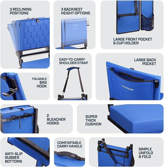 Extra Wide Folding Reclining Stadium Seat with Back Suppot for Bleachers, Bleacher Hooks, Thick Cushion, Cup Holder, Storage Pockets – Portable Chair for Kayak, Canoe, Paddle Board, Concerts, & Sports