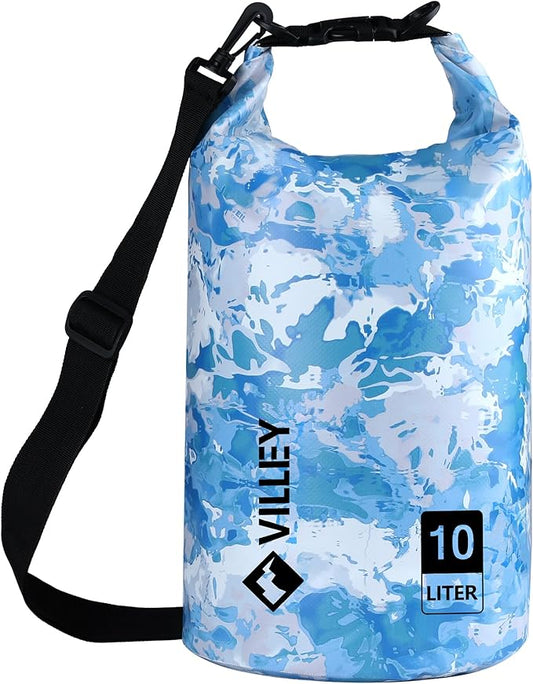 VILLEY Dry Bag Waterproof 10L Roll Top Sack Keeps Gear Dry Lightweight Sack for Kayaking Boating Camping Swimming and Beach Adventures Blue Camo