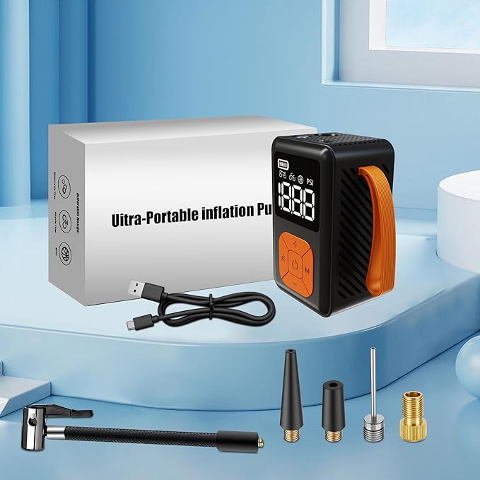 Mini Bike Pump, 150 PSI Portable Bicycle Pump with Gauge, 3X Faster & Auto Stop & Brushless Motor, Electric Bike Tire Pump with Presta and Schrader Valve for Road Bike, MTB, Motorcycle, Ball,etc