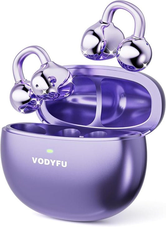 Clip on Earbuds Open Ear Earbuds Wireless Headphones with Mic,66H Play Bluetooth 5.4 Bone Conduction Headphones,Noise Cancelling,IPX5 Waterproof,Secure Fit for Small Ears, Sports&Workout,Purple