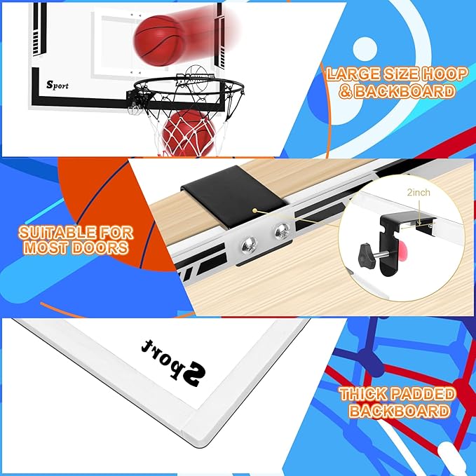 Large Indoor Mini Basketball Hoop Set for Kids and Adult 24 X 16 Inch Board Family Games for Home and Office Door & Wall with 3 Balls and Complete Accessories, Basketball Toy Gift for Boys Girls Teens