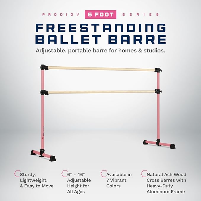 VITA Barre Portable Freestanding Double Ballet Barre, Prodigy, Wood | Adjustable Height, USA Made, Home or Gym Exercise Equipment for Kids & Adults | Dance, Fitness, Pilates