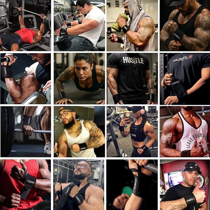 Hustle Athletics Wrist Wraps for Weightlifting, USPA-Approved Wrist Support Weight Lifting Wraps, Premium Hook-and-Loop, 12 in or 18 in Heavy-Duty Cotton-Elastic Support for Powerlifting & Bench Press