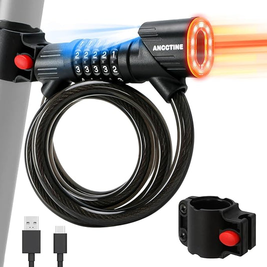 Combination Bike Lock Cable - with LED Bike Tail Light and Keypad Light, IPX6 Waterproof Heavy Duty Strong Anti-Theft 5 Digit Keyless Cable Lock, for Kids Adult Bike Accessories (4FT, Black-0.5 inch)