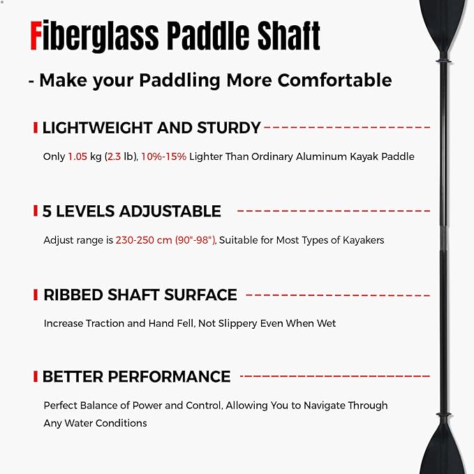 Kayak Paddle with Fiberglass Shaft and Reinforced Nylon Blade, Adjustable Kayaking Oars, 3 Piece, 230-250 cm/90-98 inches, 210-230 cm/82-90 inches
