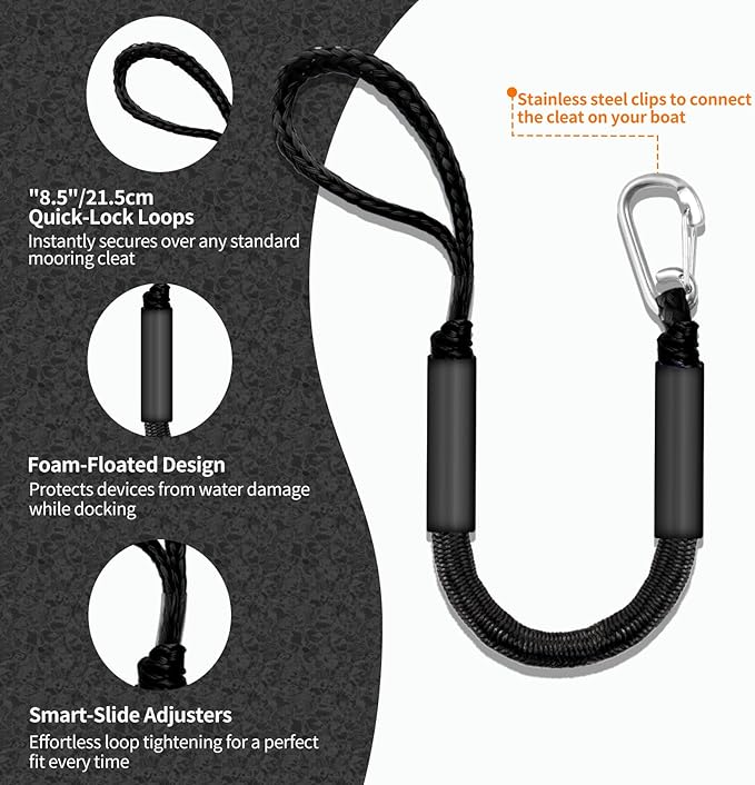 Bungee Dock Lines for Boats, 2 Feet, Pack of 2 (Black)