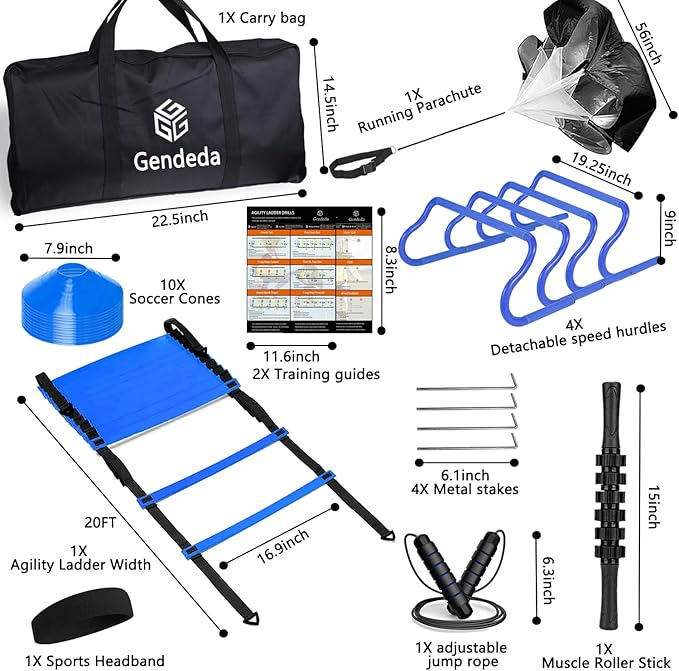 Agility Ladder Speed Training Equipment Set-20ft Agility Ladder 4 Adjustable Hurdles Running Parachute Jump Rope Speed Training Equipment for Soccer Football Basketball