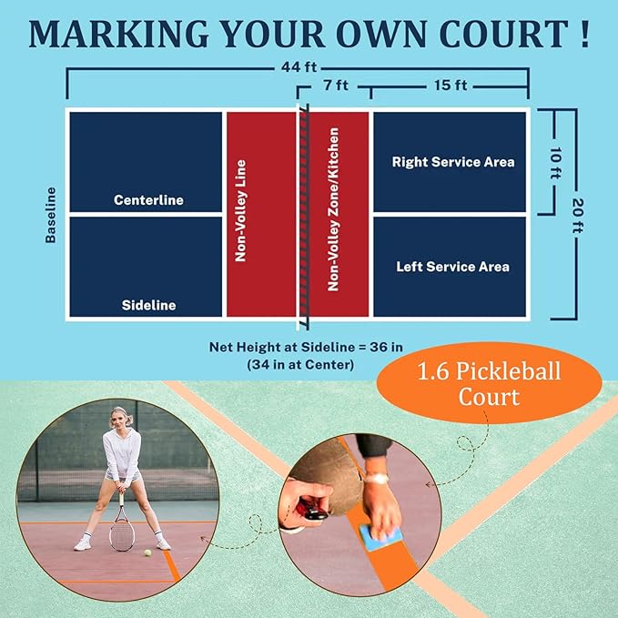 328FT Pickleball Court Marking Kit Orange Temporary Pickleball Court Lines Tape for Badminton, Tennis, Basketball, Pickleball Court Marking