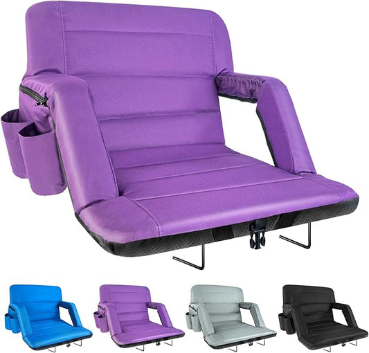 Stadium Seats with Back Support Wide, Exclusive Bleacher Chairs with Back and Cushion Folding Stadium Chairs, 6 Reclining Positions Waterproof Bleacher Seats with 2Hooks (Wide|22.5" Purple)