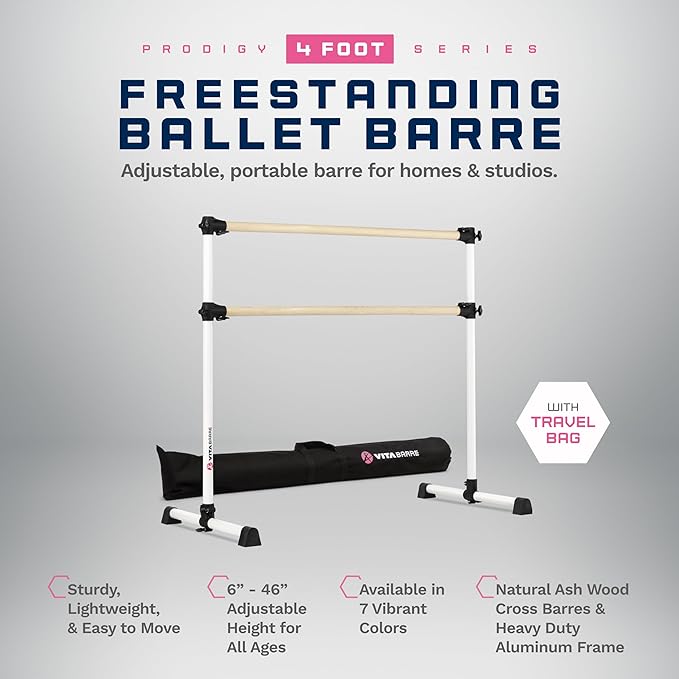VITA Barre Portable Freestanding Double Ballet Barre, Prodigy, with Carry Bag | Adjustable Height, USA Made, Home or Gym Exercise Equipment for Kids & Adults | Dance, Fitness, Pilates