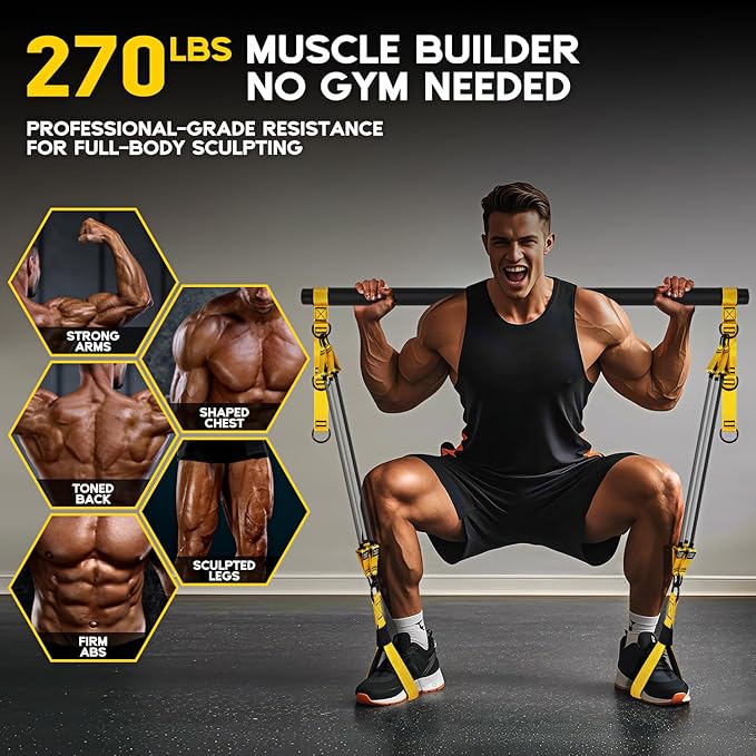 Pilates Equipment, Portable Pilates Bar Kit with Resistance Bands, Professional Adjustable Heavy Duty Squat Workout Equipment for Men, Home Gym Muscle Strength Training, Full Body Exercise