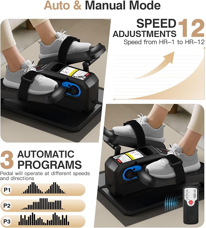Under Desk Elliptical Machine,Ellipse Leg Exerciser Electric with Remoter,12 Manual Adjustable Speed and 3 Automatic Speed,Portable Seated Pedal Exerciser for Seniors,Adults,Home,Office, Black