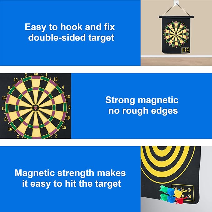 Magnetic Dart Board with 24pcs Darts,Indoor Outdoor Dart Game for Kids and Adults，2in1 Rollup Safe Dart Flights Toys Set for 3-12 Year Old Boys Girls Christmas Birthday Gifts