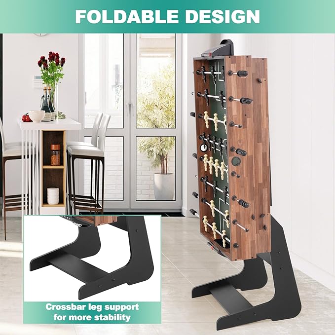 4-in-1 Multi Game Table, 54“ Foldable Combo Game Table Set with Ping Pong, Hockey, Pool Billiards and Foosball for Adults, Home, Game Room, Friends & Family（Dark Wood Grain）