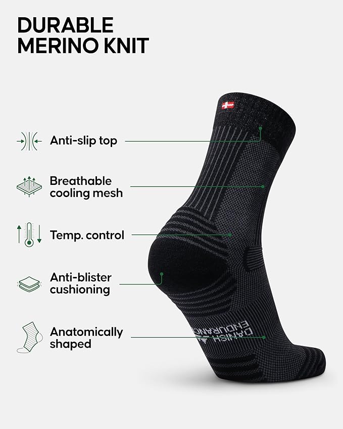 DANISH ENDURANCE Light Hiking Socks, Merino Wool Socks, Anti Blister, Sweat Wicking, Breathable, Men & Women, 3 or 5-Pack