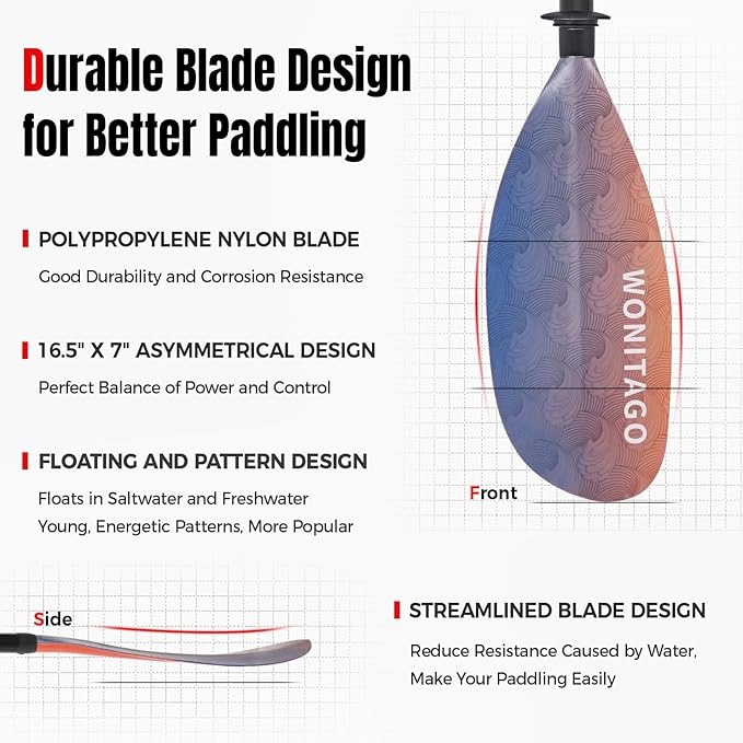 Kayak Paddle with Fiberglass Shaft and Reinforced Nylon Blade, Adjustable Kayaking Oars, 3 Piece, 230-250 cm/90-98 inches, 210-230 cm/82-90 inches