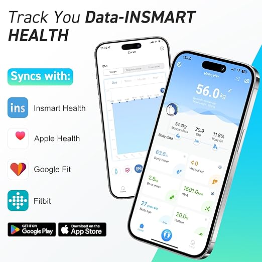INSMART Smart Scale for Body Weight,Accurate Digital Bathroom Scale,12x12 inches Large Platform Bluetooth Body Fat Scale with BMI,16 Body Composition Weight Scale Health Monitor Analyzer with Sync APP