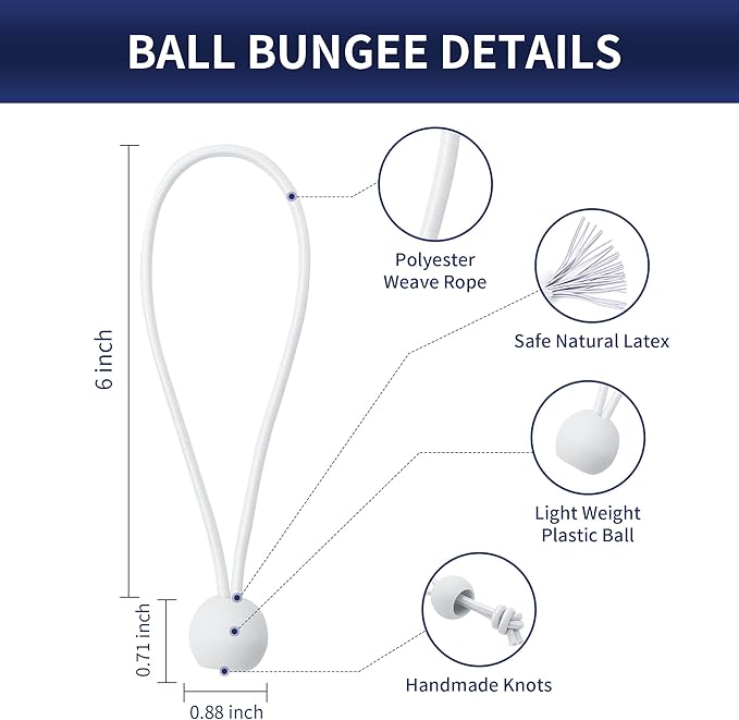6 Inch Ball Bungee Cords, Heavy Duty UV Resistant Elastic Strap, Reusable Tie Down Cord with Balls, Indoor Outdoor Cords for Golf Net, Soccer Goals, Camping, Tent Poles, Hose (White, 20 Pack)