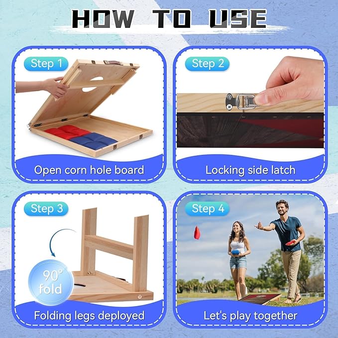 Portable 2 ft x 1 ft Cornhole Board Set with 6 Bean Bags Foldable Corn Hole Games for Adults and Kids Indoor or Outdoor Corn Hole Toss Games Backyard Tarvel(Light Wood)