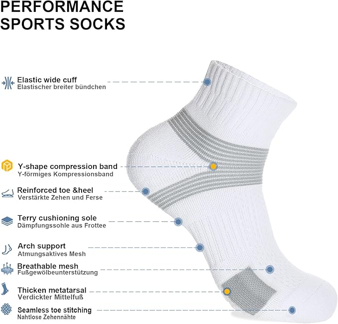 6-Pair Cushion Sports Socks Men Women Tennis Sock Ankle-support for Basketball Baseball Running Hiking Padel..