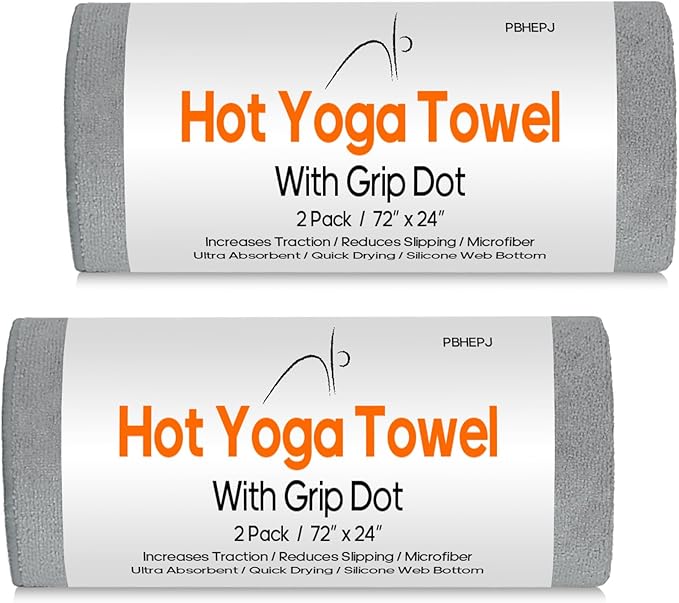 PBHEPJ 2 Pack Hot Yoga Towel, Yoga Mat Towel with Grip Dots (72"x 24"), Microfiber, Super Absorbent Towel Non-Slip for Hot Yoga, Exercise, Fitness, Pilates Gear