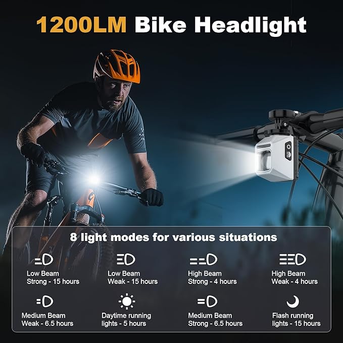 1200 LM Bike Lights for Night Riding, LED USB-C Rechargeable IPX65 Waterproof Bicycle Headlight for Mountain Road Cycling