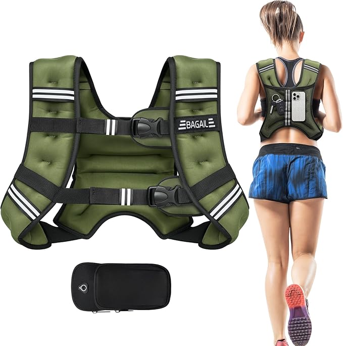 BAGAIL Weighted Vest, 5lbs/8lbs/10lbs/12lbs/15lbs/20lbs/25lbs/30lbs Weight Vest with Detachable Phone Pouch, Rucking Vest for Women, Men, Walking, Weight Loss, Training, Running