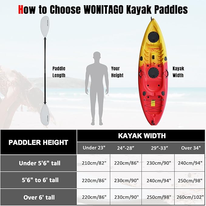 Kayak Paddle with Fiberglass Shaft and Reinforced Nylon Blade, Adjustable Kayaking Oars, 3 Piece, 230-250 cm/90-98 inches, 210-230 cm/82-90 inches