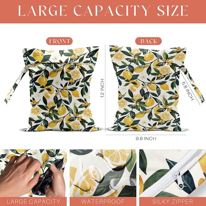 4 Pack Cute Fruit Wet Bag Waterproof Washable Reusable Wet Dry Bag for Swimsuit Dirty Clothes Cloth Diaper Travel Beach Pool Yoga Gym Toiletries Travel Beach Essentials Lemon Orange Peach Pear