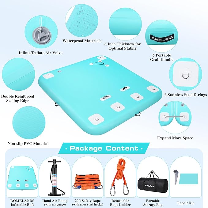 Inflatable Floating Dock, Swim Platform Floating Island Raft, Large Air Mat Inflatable Water Pad with None-Slip Surface for Lake Pool Beach Ocean