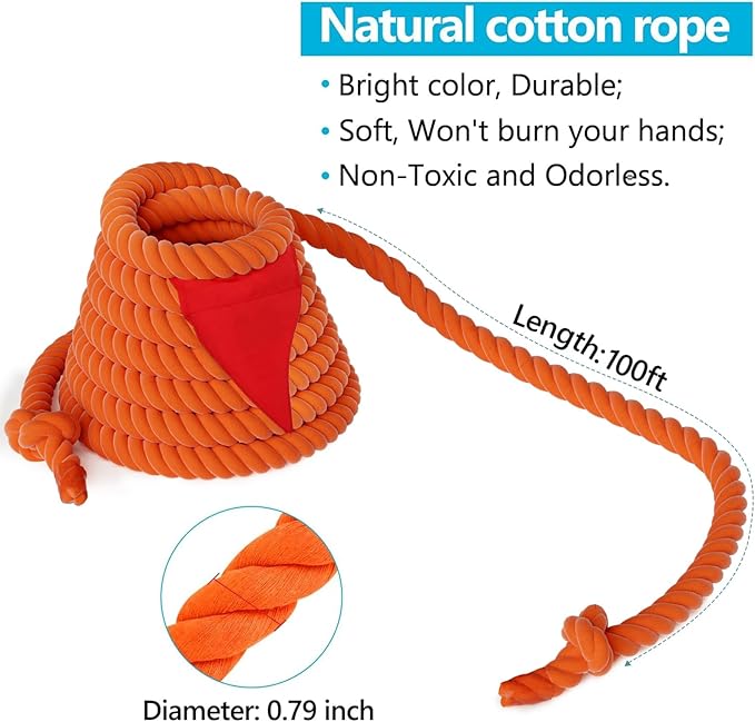 X XBEN Tug of War Rope with Flag for Kids 60FT, Teens and Adults, Soft Cotton Rope Games for Team Building Activities, Family Reunion, Birthday Party Orange