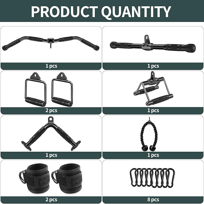 Cable Attachments for Gym, Cable Machine Attachment Set, LAT Pulldown Attachments, Cable Machine Accessories, Tricep Pull Down Attachment, Home Gym Accessories