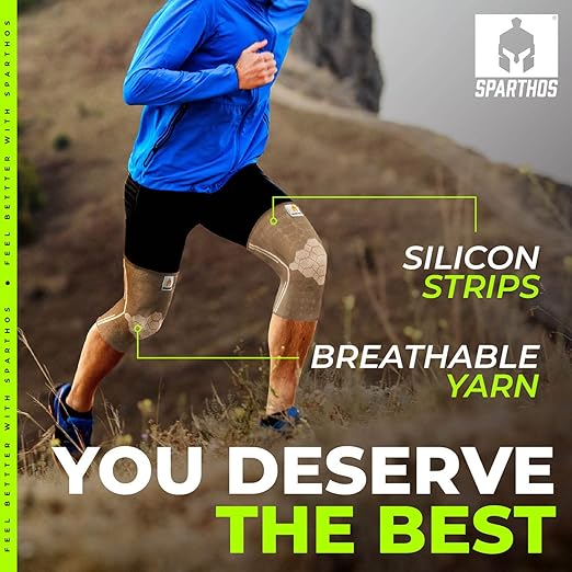 Sparthos Knee Compression Sleeves by (Pair) – Support for Sports, Running, Joint Pain Relief – Knee Brace for Men and Women - Walking Cycling Tennis Workout - Check Size Chart (Beige-S, 7-8″ Thigh)