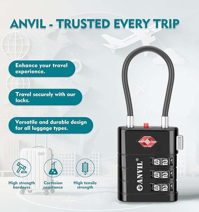 ANVIL TSA Approved Luggage Locks – High Security TSA008 Combination Travel Locks with Inspection Indicator for Suitcases and Backpacks. (6, Black)