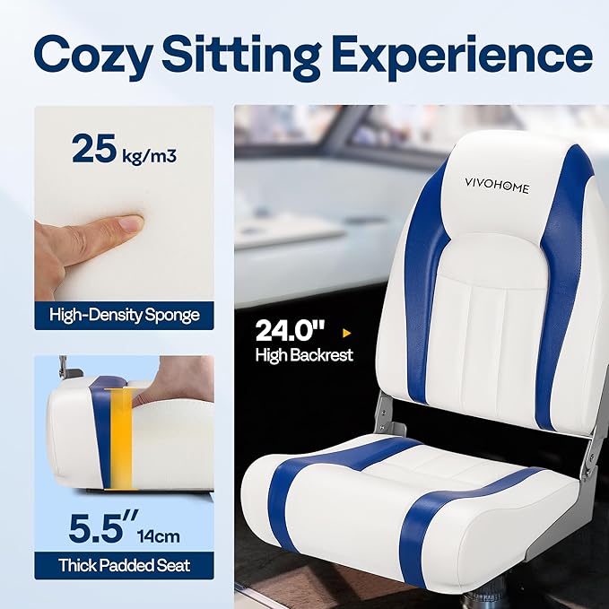 VIVOHOME Folding High Back Boat Seats 2 Pack, Waterproof Boat Captain Chairs, 4 Mounting Screws Included, White and Blue