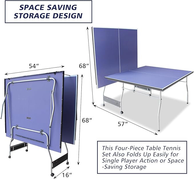 Rakon Blue Folding Rolling 8×4 FT Table Tennis Table Indoor and Outdoor Table Tennis Table, 2 Rackets, 3 Balls, 1 Net and 4 Wheels Set Behind It for Easy Movement