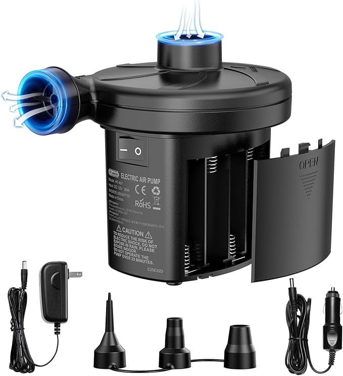 Dr.meter Air Mattress Pump, 3 Ways Powered Portable Electric Air Pump with 3-Nozzle AC 110V, DC 12V, Battery Operated Quick-Fill Inflator Deflator for Inflatable Pool Float Air Bed Boat Swimming Ring