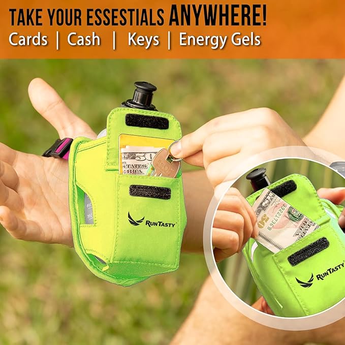 2-in-1 Running Fun – Handheld 12 Oz Water Bottle & Running Belt Add-On – No-Grip Design, Straps on Hand & Slides on Belt, Waterproof Pocket for Money, Keys, Gels – Maximize Time, Freedom & Health