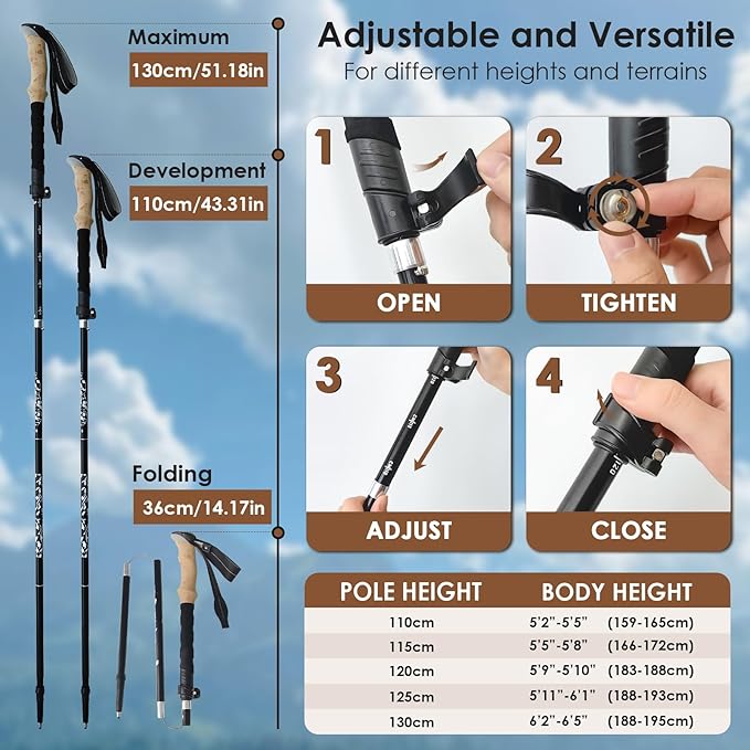 Hiking Poles Collapsible Trekking Poles, Lightweight Folding Walking Stick for Travel with EVA Handle, Walking Stick for Women Men, Adjustable Height, Set of 2