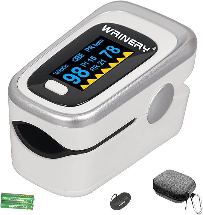 WRINERY Oxygen Saturation Monitor, Pulse Oximeter Fingertip, Oxygen Monitor, O2 Saturation Monitor, OLED Portable Oximetry with Batteries, Lanyard (Silver-White)