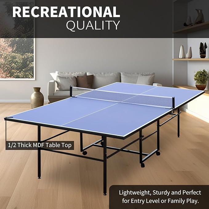 Professional Table Tennis Table, Foldable Ping Pong Game Set for Indoor, 8FT 9FT Single Player Playback Mode Ping Pong Table with Net and Post Set, 2 Paddles and 3 Balls