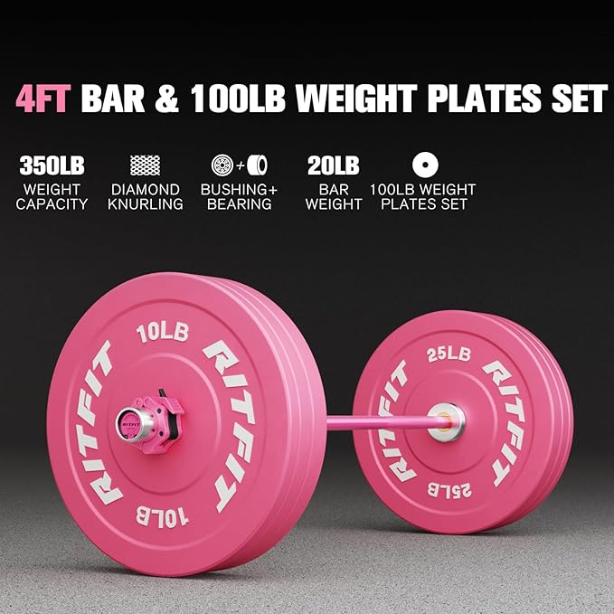 RITFIT Pink Weight Plates, 2 Inch Olympic Barbell Weight Plate, Bumper Plates With Steel Insert, Pink Weights for Gym and Home