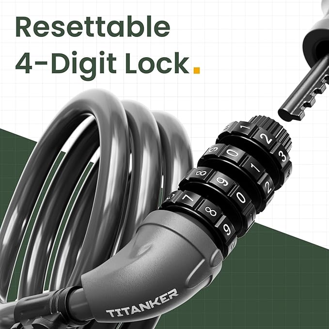 Titanker Bike Lock, Bicycle Lock 4 Feet Cable Lock 1/2 Inch Resettable Bike Lock Combination with Mounting Bracket, Bike Accessories for Bicycle, Electric Scooter, Motorcycle