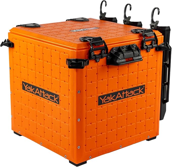 YakAttack BlackPak Pro 13" x 13" Fishing Crate with 3 Rod Holders - Orange | Compact Tackle Storage Box & Gear Organizer for Kayaks | Lightweight, Durable & Customizable Marine Accessory | Made in USA
